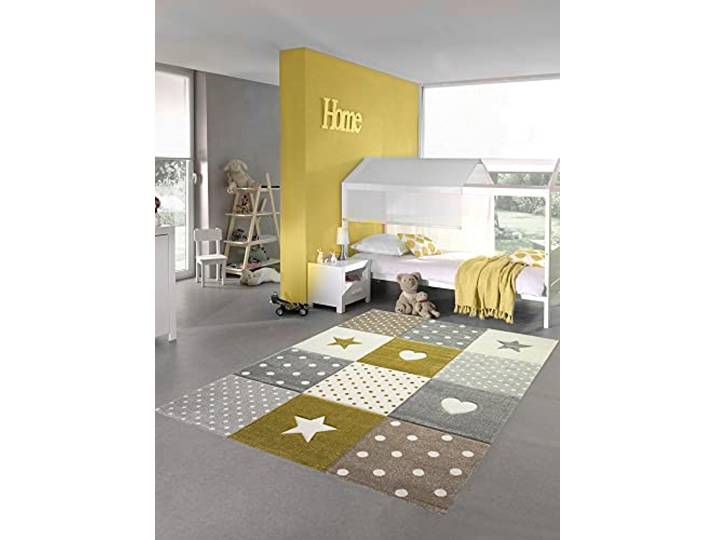 Teppich-Traum Kinderteppich Herz Sterne Punkte Gold Creme Grau 160x230 cm Kuschelig weich, pflegeleicht, strapazierfähig, farbecht, schadstofffrei und für Fußbodenheizung geeignet