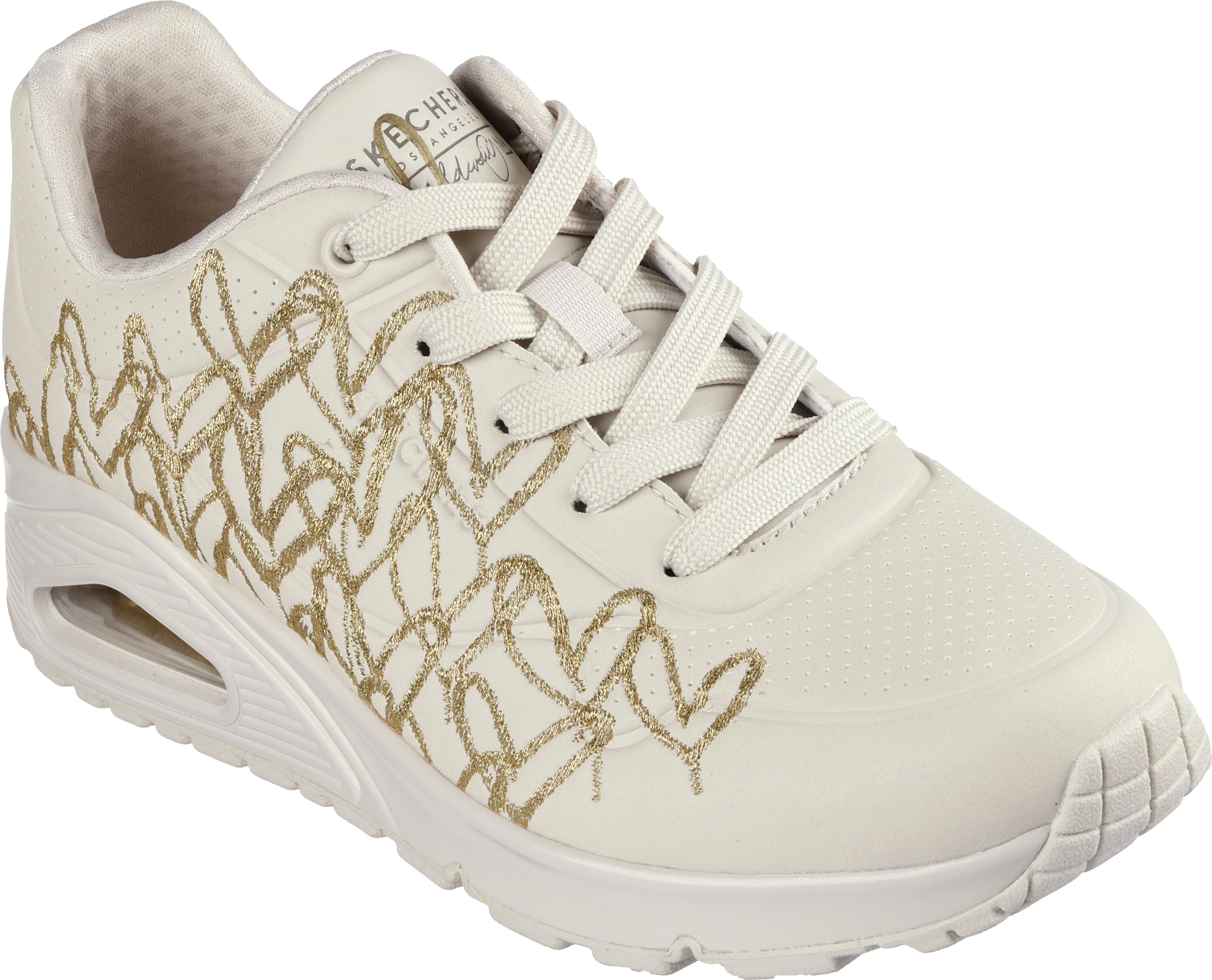 Sneaker SKECHERS "UNO-GOLDEN HEART", Damen, Gr. 35, Textil, beige (natur, goldfarben), Lederimitat, kontrastfarbene Details, Schuhe Sneaker, Freizeitschuh, Schnürschuh mit goldfarbenen Mylar-Stickereien