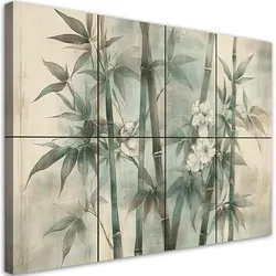 WANDBILD bambussprossen mit blumen auf einem strukturierten hintergrund