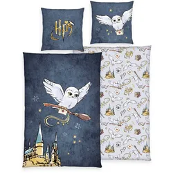 Harry Potter Bettwäsche Eule 70x90cm, 140x200cm - blau - 70x90/140x200cm