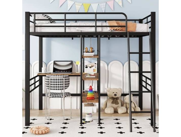 Lit mezzanine - LEYTN - 90x200cm - Métal Noir - Bureau et étagères - Sécurisé pour enfants