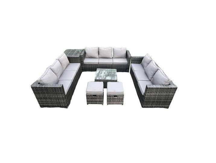 Fimous Gartentischgruppe Polyrattan 11-Sitzer, Dunkelgrau, Metall, Gartenmöbel, Gartengarnituren, Gartenmöbel-Sets