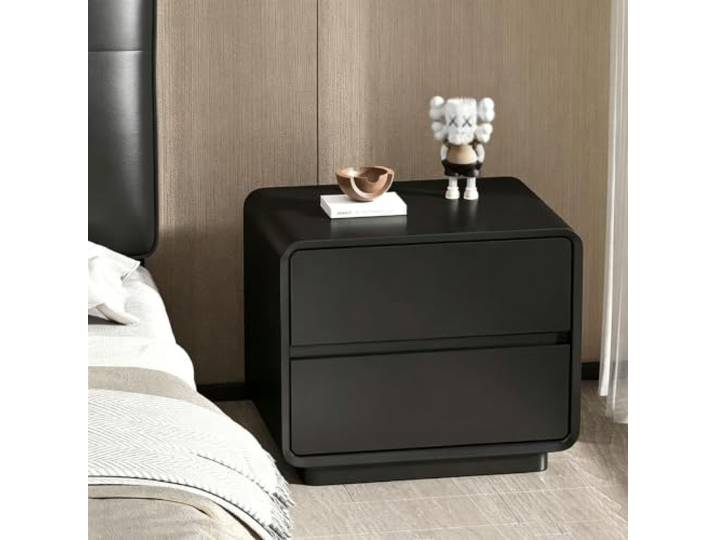 Moderner Nachttisch Beistelltisch mit Holzrahmen 2 Schubladen Aufbewahrungsmöbel Verdeckte Griffe Geschwungenes Design Für das Schlafzimmer(Black,60cm/24in)