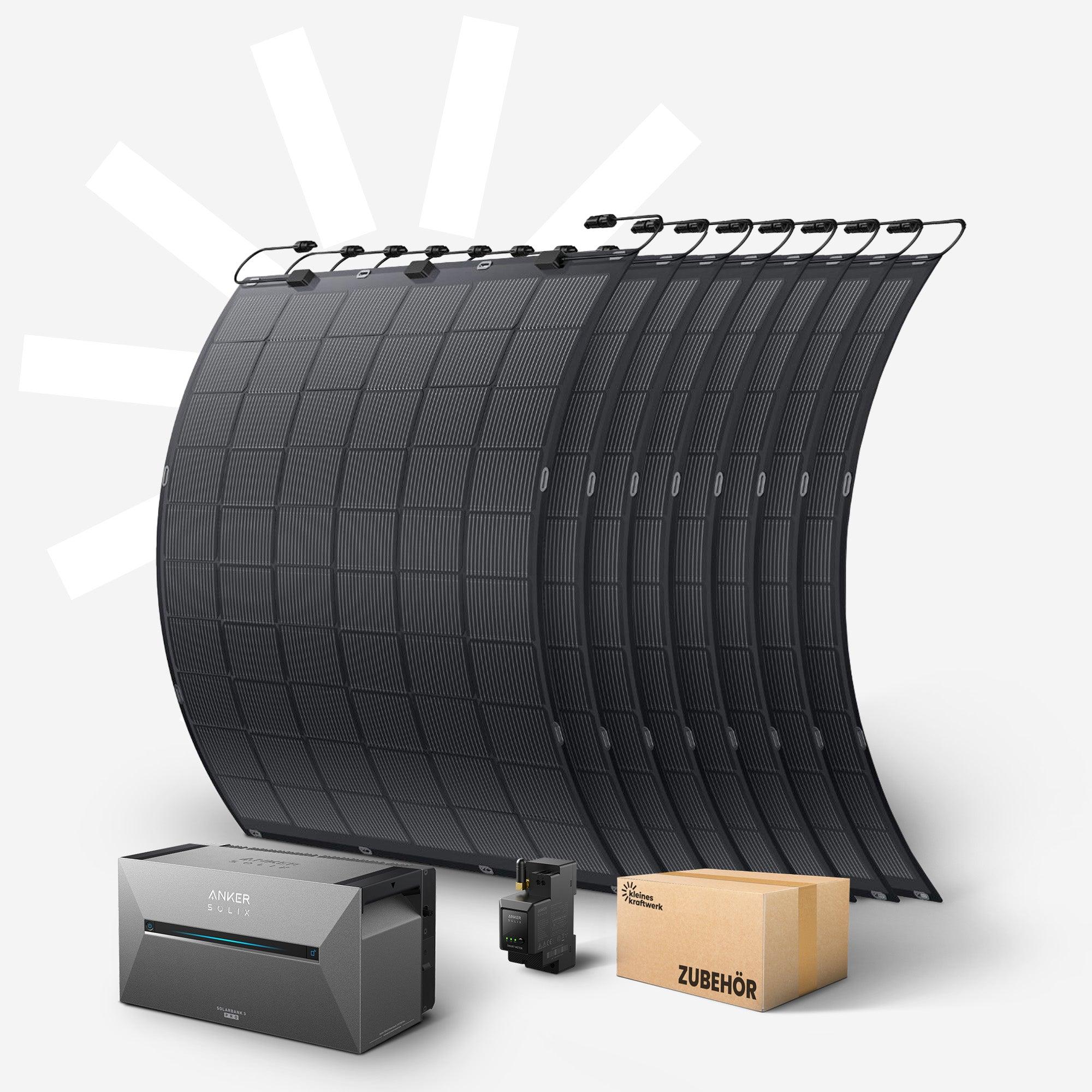 Kleines Kraftwerk Flexibles Balkonkraftwerk mit Speicher 1800Wp - 0% MwSt - 8× Solarmodule inkl. Anker Solarbank 3 Pro - PV Anlage für Sonderflächen