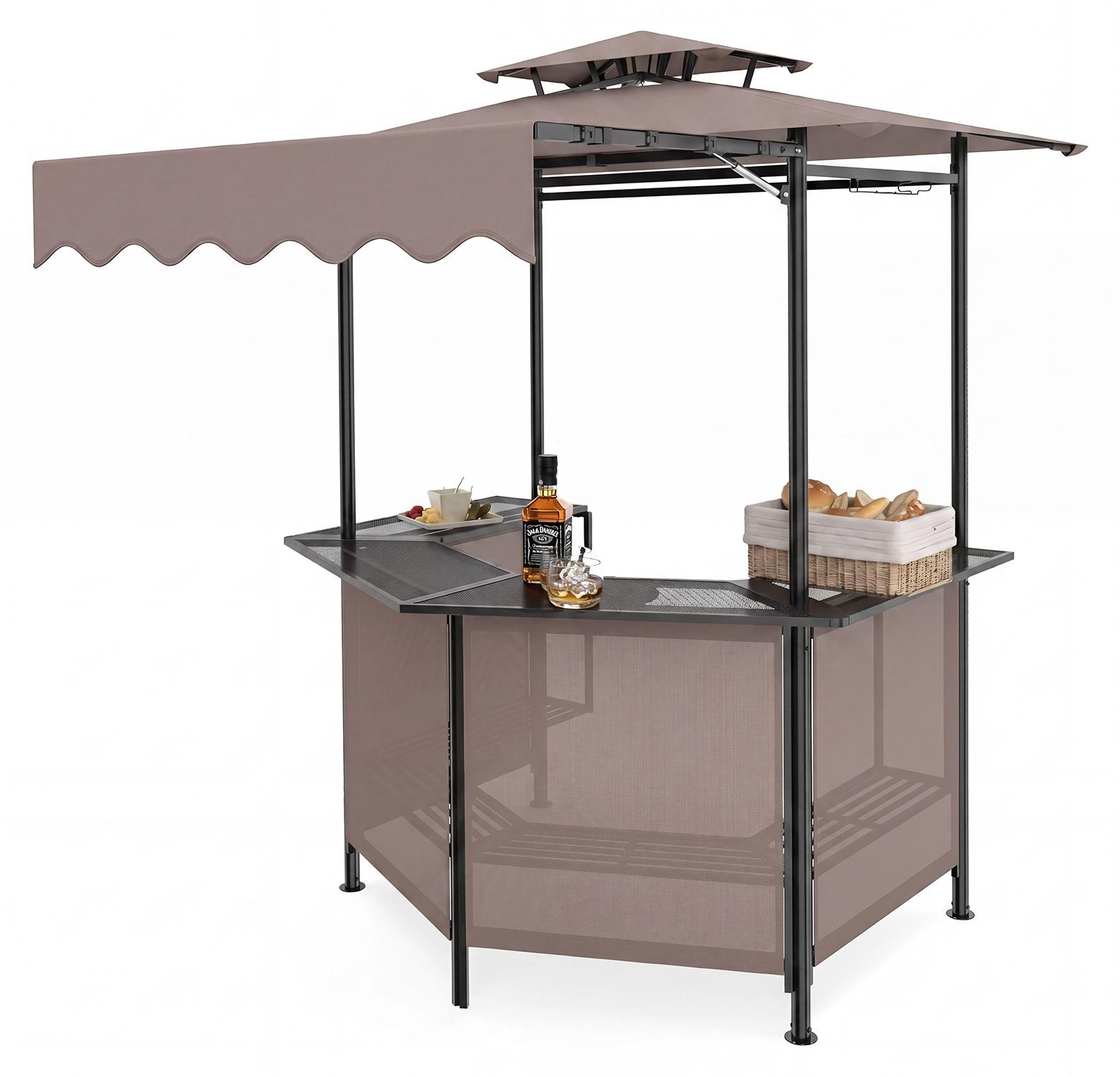 COSTWAY Grillpavillon mit Bar, 3tlg. Bar-Set mit 2 Barhockern, Doppeldach, Markise, Haken & Metallregalen, Pavillon Grillüberdachungen 136x103x242cm