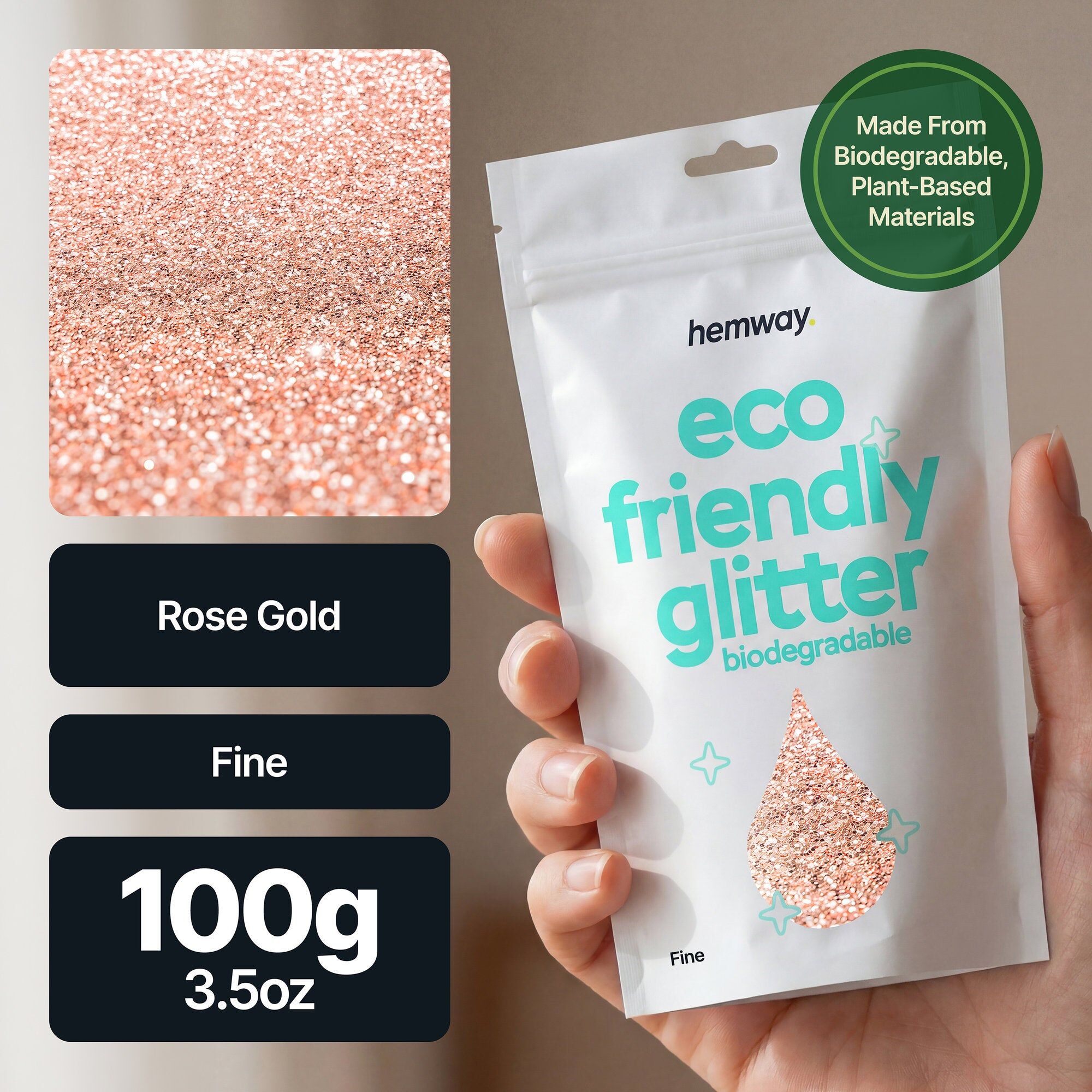 Hemway Biodegradable Eco Friendly Glitter 100g / 3.5oz   Rose Gold   DIY, Decoration, Arts & Crafts - Rose Gold - Fine 100g