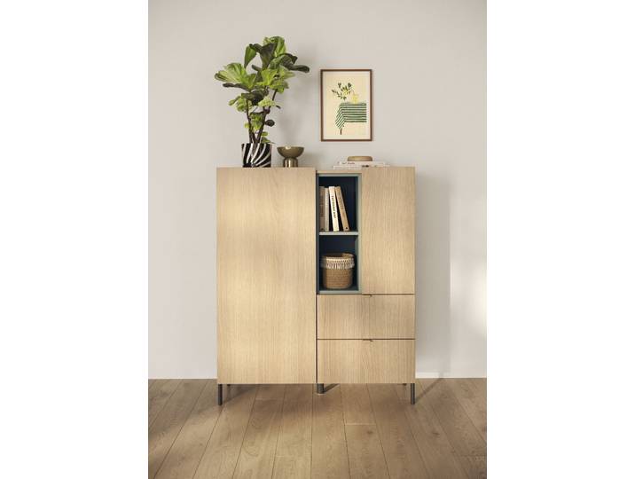 Highboard GOODPRODUCT Badia, B/H 101/124 cm, 2 Türen, 2 Schubkästen, Stauraumschrank , beige (eiche lindberg dekor), B:101cm H:124cm T:42cm, Holzwerkstoff, Sideboards, Highboard, Innenliegendes Top, gerade Metallfüsse, salbeigrüne Farbakzente