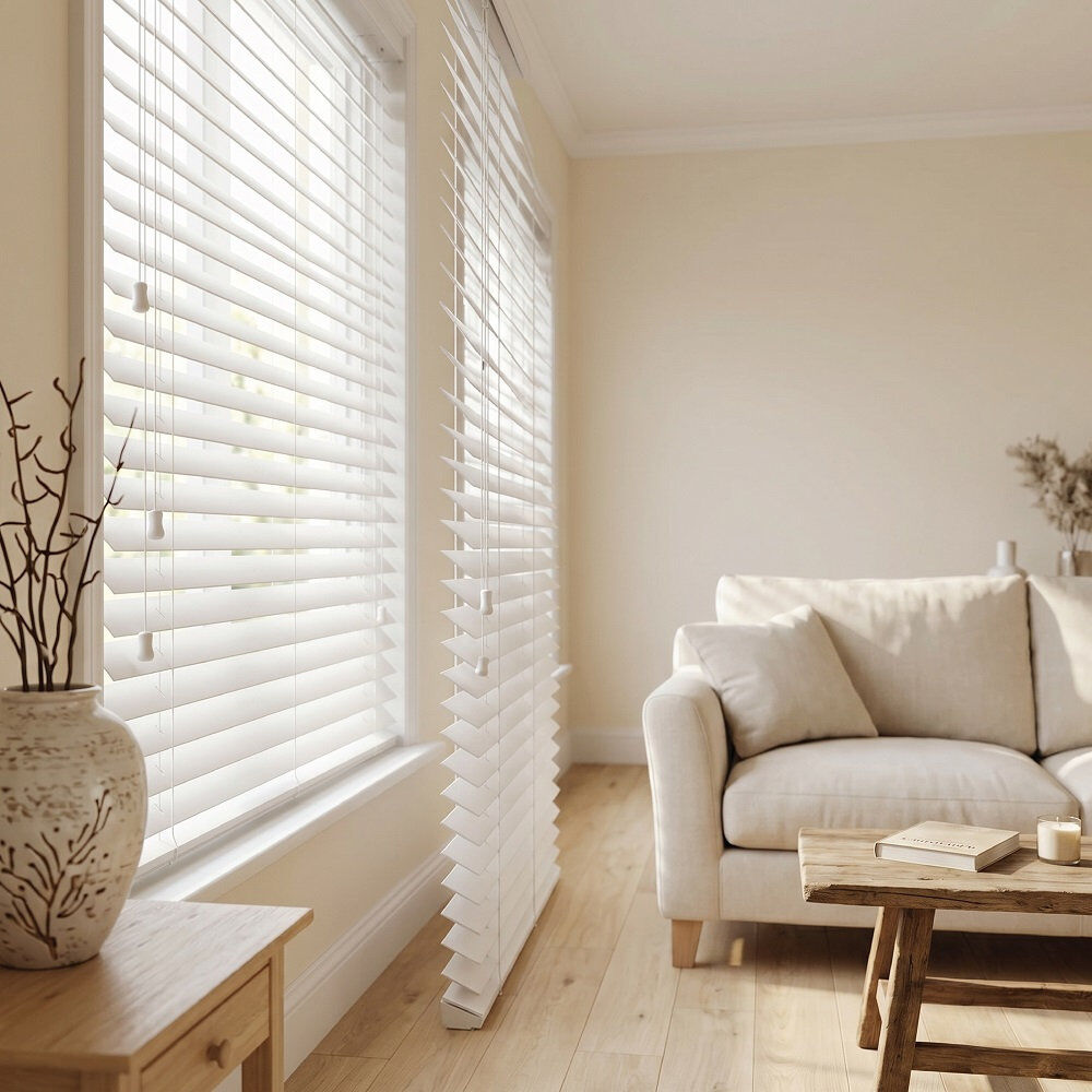 Symple Stuff PVC Faux Wood Venetian Blinds, Moisture Resistant Window Blinds for Home & Office White 150cm L x 120cm W