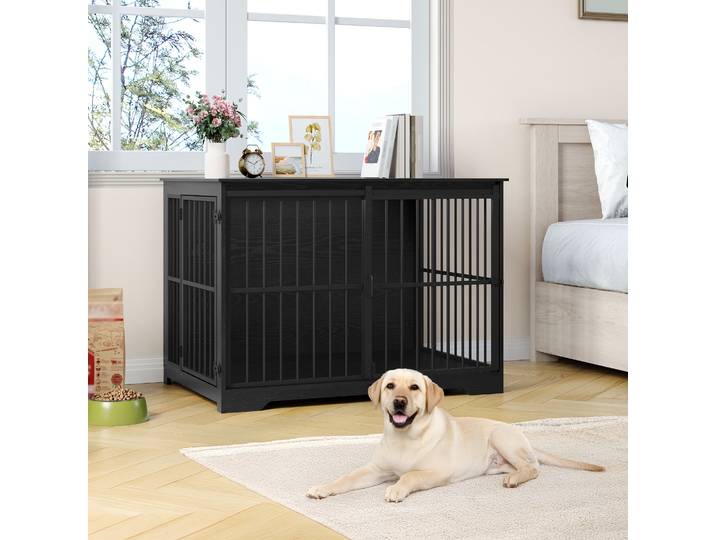 Cage pour chien, meuble, 110 cm, 2 portes, cage pour chien moderne d'intérieur, table d'appoint, porte coulissante renforcée, noir