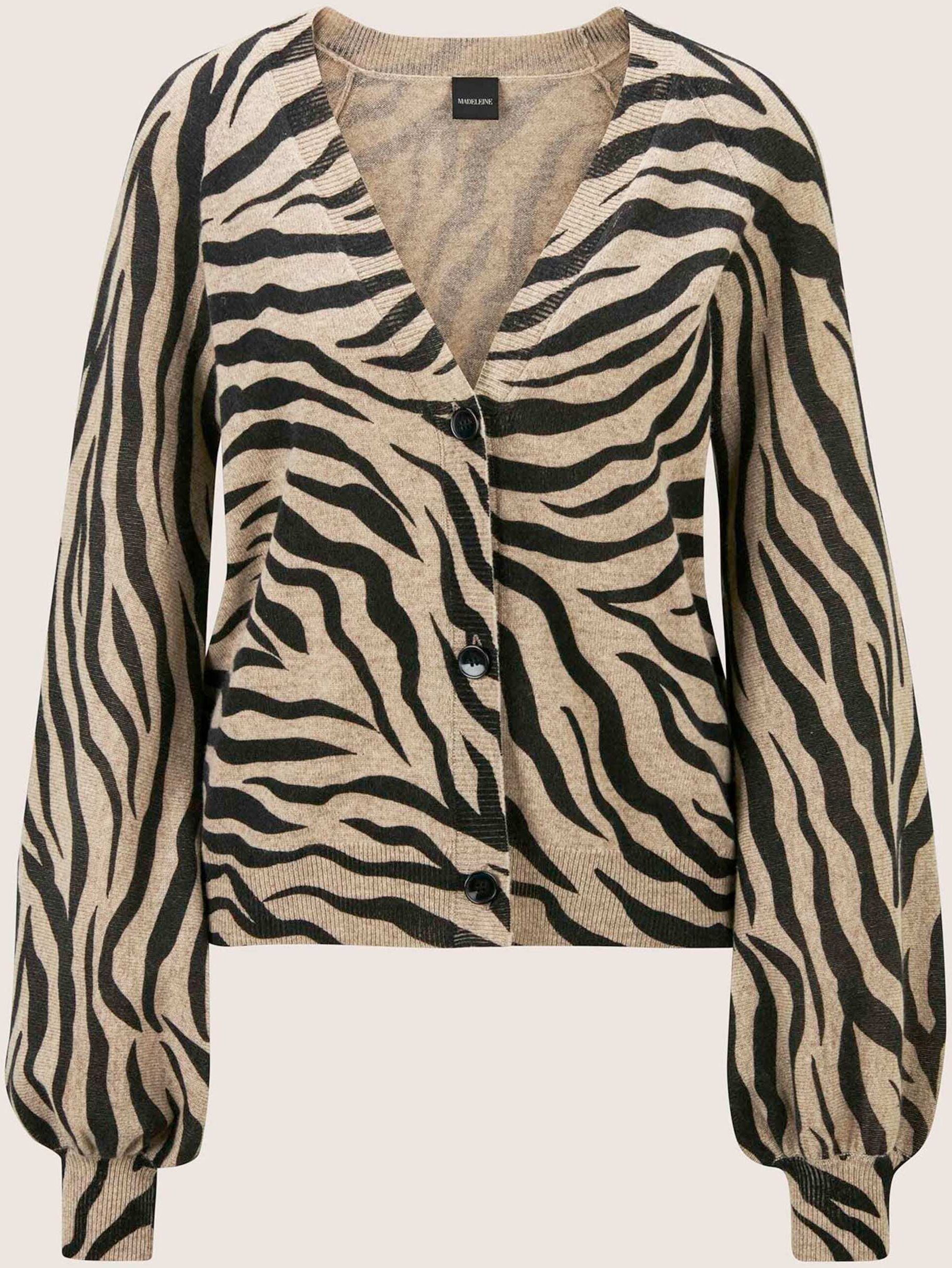 Longpullover MADELEINE "Strickjacke Kaschmir-Strickjacke mit Zebramuster", Damen, Gr. 44/46, schwarz, cappuccino, melange, Modern, regular fit, Pullover Longpullover