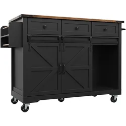 OKWISH Kücheninsel MDF schwarz 140x45x94 cm, klappbare Arbeitsplatte, auf Rollen, 3 Schubladen, Schiebetüren