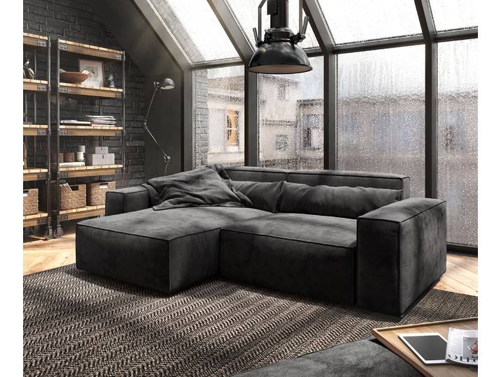 Ecksofa Sirpio 230x155 cm Mikrofaser Schwarz Recamiere variabel mit Hocker, Ecksofas