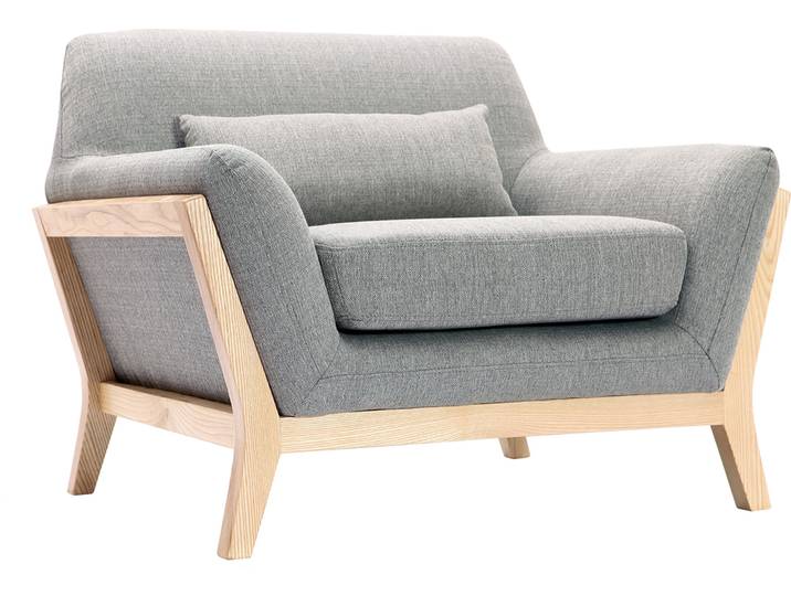 Fauteuil scandinave en tissu gris et bois clair massif YOKO