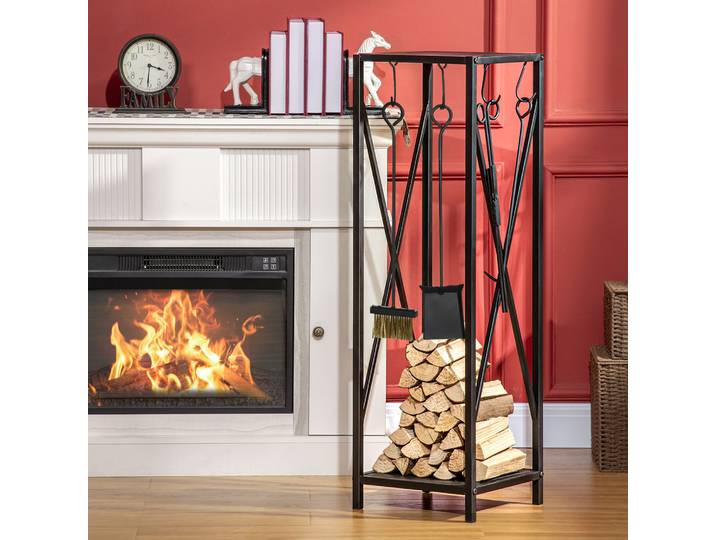 Outsunny Porte-Bûches Métal Noir 34x34x111 cm avec Accessoires