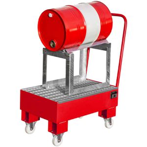 BAUER Auffangwanne AW 60-1 SRF, rot, aus Stahl, 80 x 50cm, mit Stahl-Gitterrost & Fassbock, fahrbar, 61 Liter