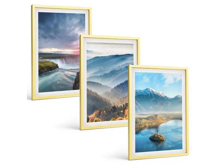 Tulup Bilder SET 3er Set - 40x60 cm Goldrahmen - Berglandschaften, Wasserfälle, Goldfarben, Kunststoff, Rechteckig, 40x60 cm, gerahmt, Bilder & Rahmen, Bilder