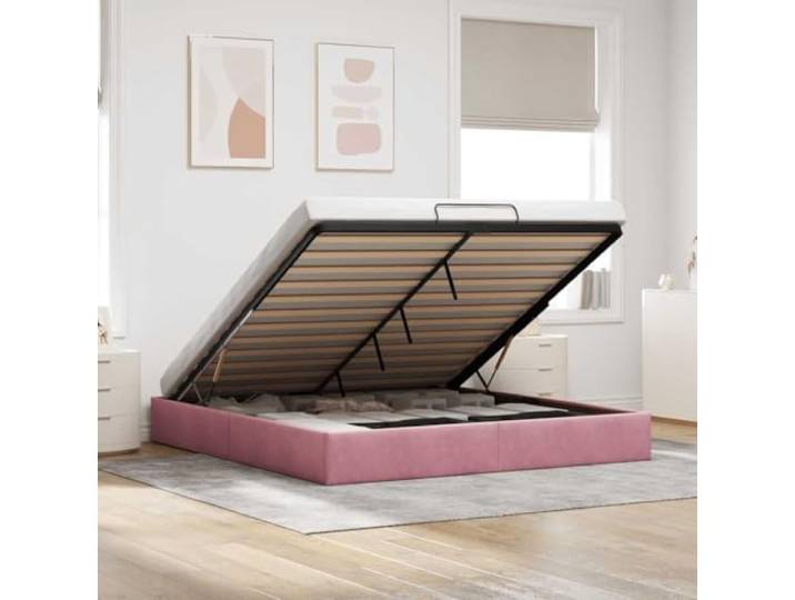 KFPOERTFGD Ottoman Bett 180x200 cm Rosa Samt Bettgestell mit Stauraum und hydraulischem Hebemechanismus ohne Matratze