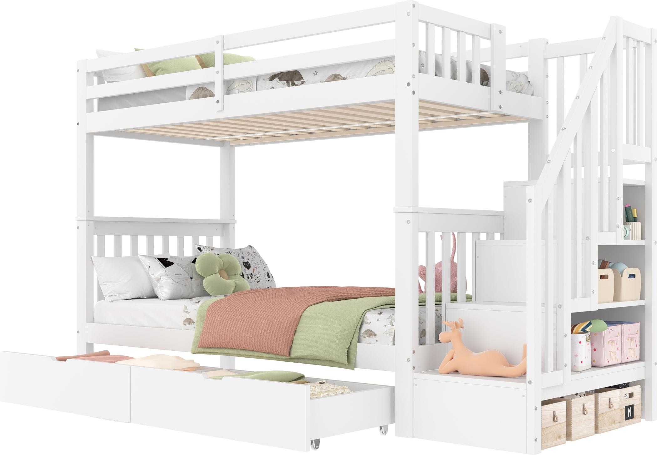 90*200cm Etagenbett, Treppenregal, ausgestattet mit zwei Schubladen, hohe Geländer,weiß