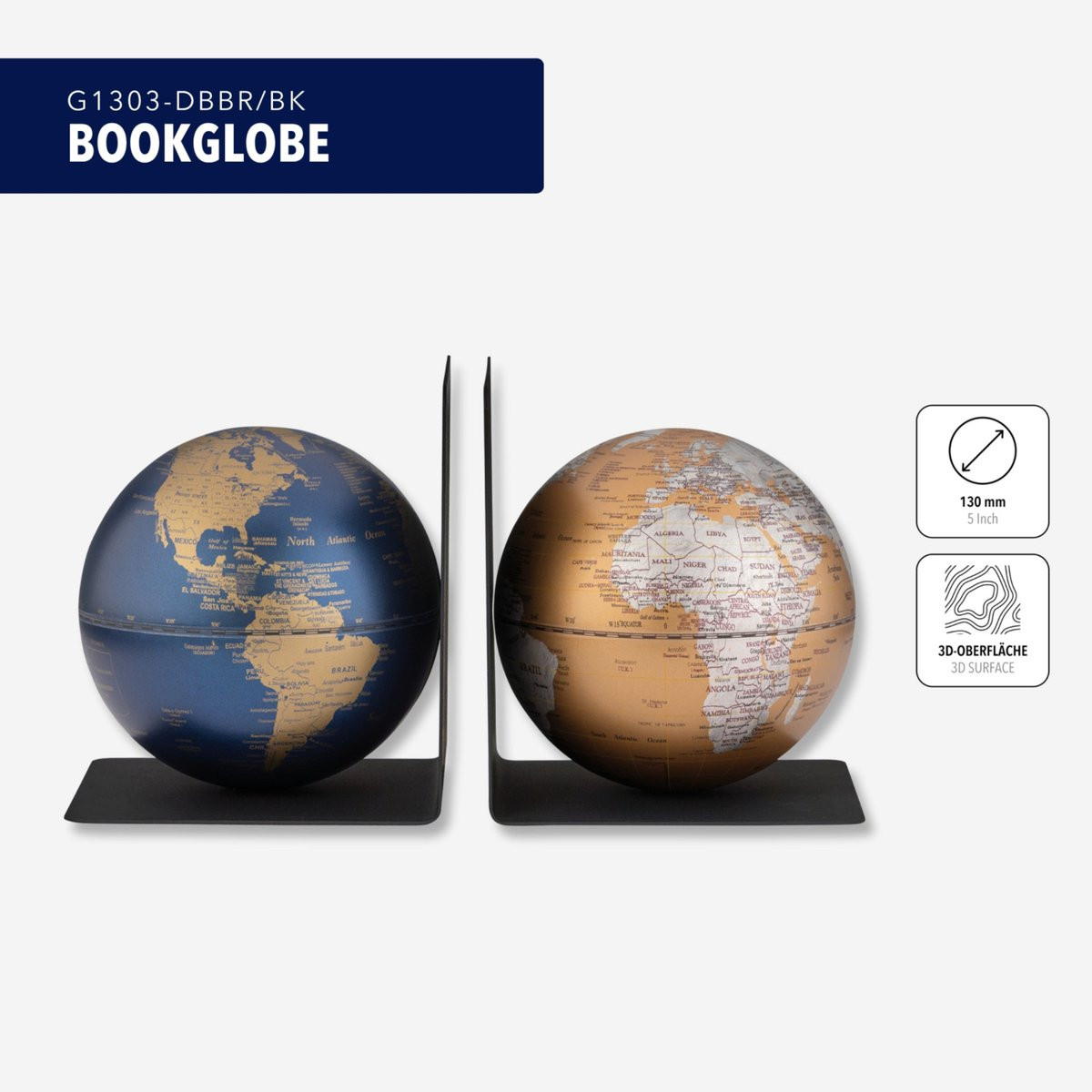 Troika Design Globes Boekensteunen - Set van twee mini-globes - Matzwart metaal - Hoogte: 15,5 cm