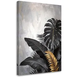 BILD auf Leinwand, Schwarze Blätter von Monstera und Bananenbaum auf grauem Hintergrund