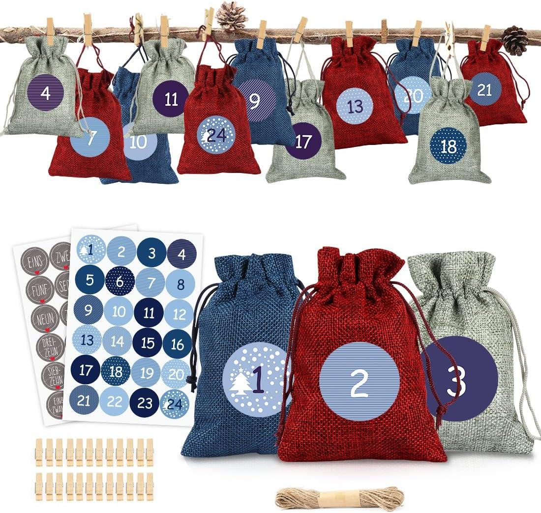 oCreon Adventskalender van stof met 24 jute zakjes en kerstgetal stickers