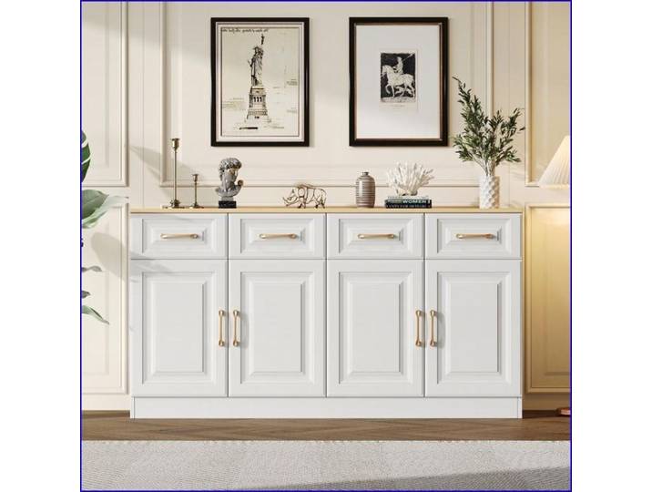 Buffet-Sideboard 140 cm - 4 Tiroirs & 4 Portes - Style Rural Blanc+Chêne
