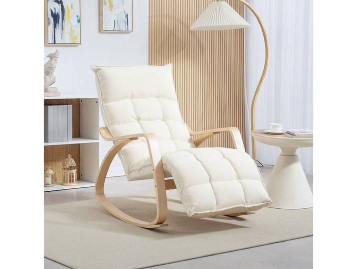 REDOM Schaukelstuhl Cremeweißer Sessel mit verstellbarer Fußablage & hoher Rückenlehne (67x106-123x92 cm Gepolsterter Relaxsessel in Leinenoptik, auch für Balkon geeignet, 1 St), Stilvoller Schwingsessel für gemütliche Lesestunden & Ruhepausen