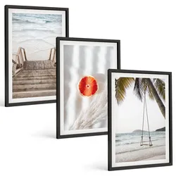BILDER SET 3er Set - 40x60 cm Schwarzer Rahmen - Strandtreppe aus Holz, Urlaub