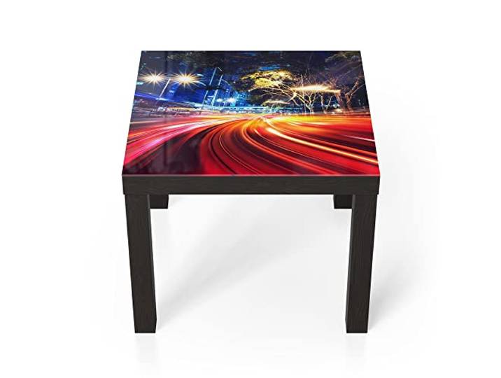 DEQORI Glastisch schwarz klein 55x55 cm Motiv Nächtlicher Stadtverkehr ausgefallener Beistelltisch aus Glas Hochglanz Couchtisch fürs Wohnzimmer moderner Couch Tisch mit Design