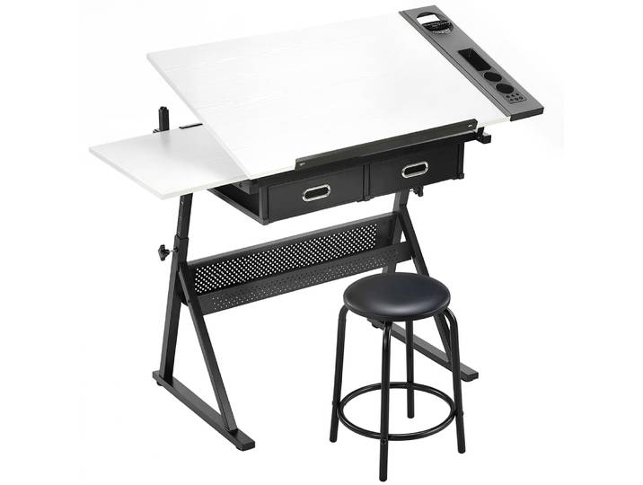 Table à dessin avec tabouret et 2 tiroirs plateau inclinable mdf blanc