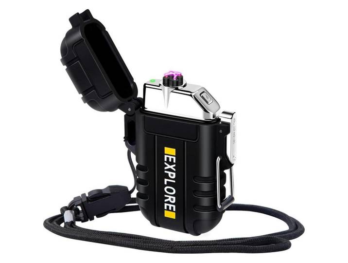 Feuerzeug Elektrisch Wasserdicht Winddicht USB Wiederaufladbar Plasma mit Notfall-Pfeife Schwarz, Metall, 4.7x1.8x7 cm, Küchenzubehör, Küchenhelfer
