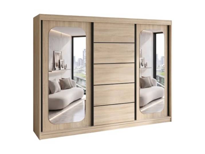 A&J MöbelLand BELANO Kleiderschrank mit Spiegel, Schwebetürenschrank 200 x 215 x 59,5 cm, 4 Schubladen, Kleiderstangen und Einlegeböden, Sonoma, Premium