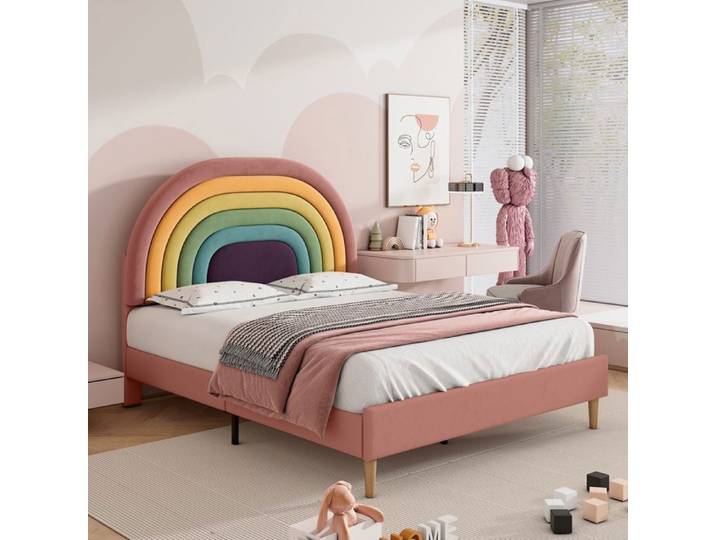 Lit double - Becag - Lit adulte 140x200cm avec tête de lit Lit rembourré avec sommier à lattes Velours Rose