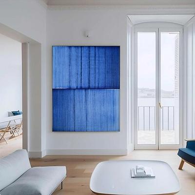 blaue minimalistische Malerei, blaue strukturierte Kunst, Boho-Malerei, blaue abstrakte Malerei, zeitgenössische minimalistische Wandkunst