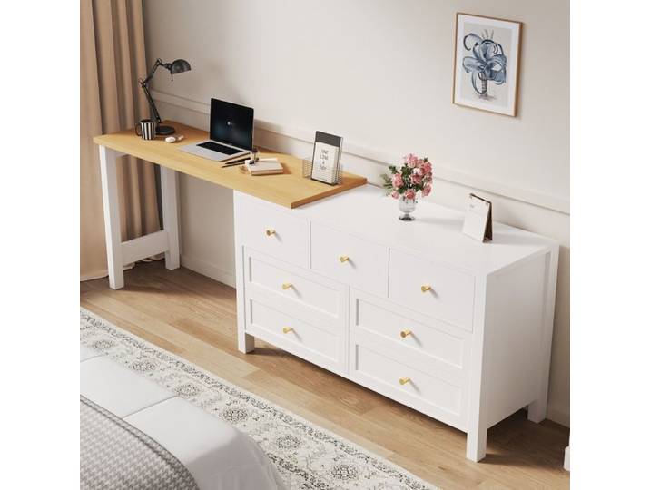 Bureau à sept tiroirs caisson latéral pivotant 2 en 1 table de bar plateau pivotant à 360° blanc+naturel bureau d'angle en L