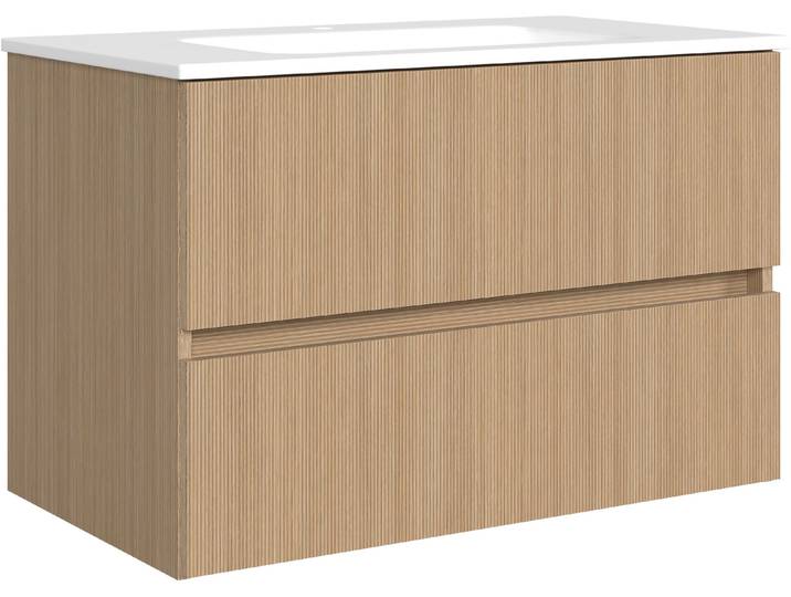 Waschtisch WELLTIME EIXO, 2 Metall-Vollauszüge mit Softclose, Mineralguss-Auflagebecken , braun (eiche hell, eiche hell), B:80cm H:54cm T:47cm, Waschtische, Waschtisch