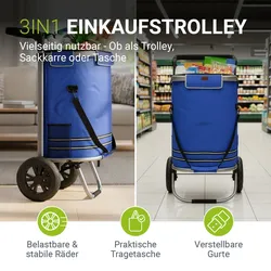 Juskys Einkaufstrolley 3in1 mit 2 Rollen für Shopping - 56 L Tasche - Trolley klappbar - Dunkelblau