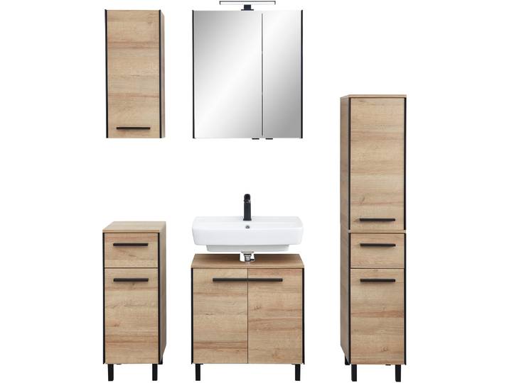 Badmöbel-Set SAPHIR Quickset 395 5-teilig, Waschbeckenunterschrank mit LED-Spiegelschrank , braun, Riviera Eiche quer Nachbildungmit schwarzem L-Profil vorne, Kastenmöbel-Sets, Badmöbel-Set, Unterschrank, Hängeschrank, Midischrank, inkl. Türdämpfer, 7 Türen