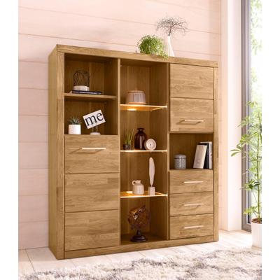Highboard OTTO HOME "Ribe,130cm breit145cm hoch,Fronten Massivholz,12 Fächer", braun (eiche teilmassiv), B:130cm H:145cm T:35cm, Holz teilmassiv, Sideboards, Highboard, Korpus aus Holzwerkstoff, Metall Griffe,Böden versetzbar