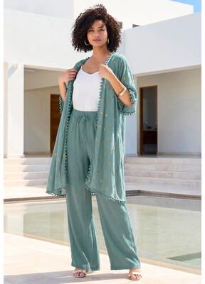 Plus Size Women's Crochet-Detailed Kimono by Roaman's in Cool Sage (Size S)
