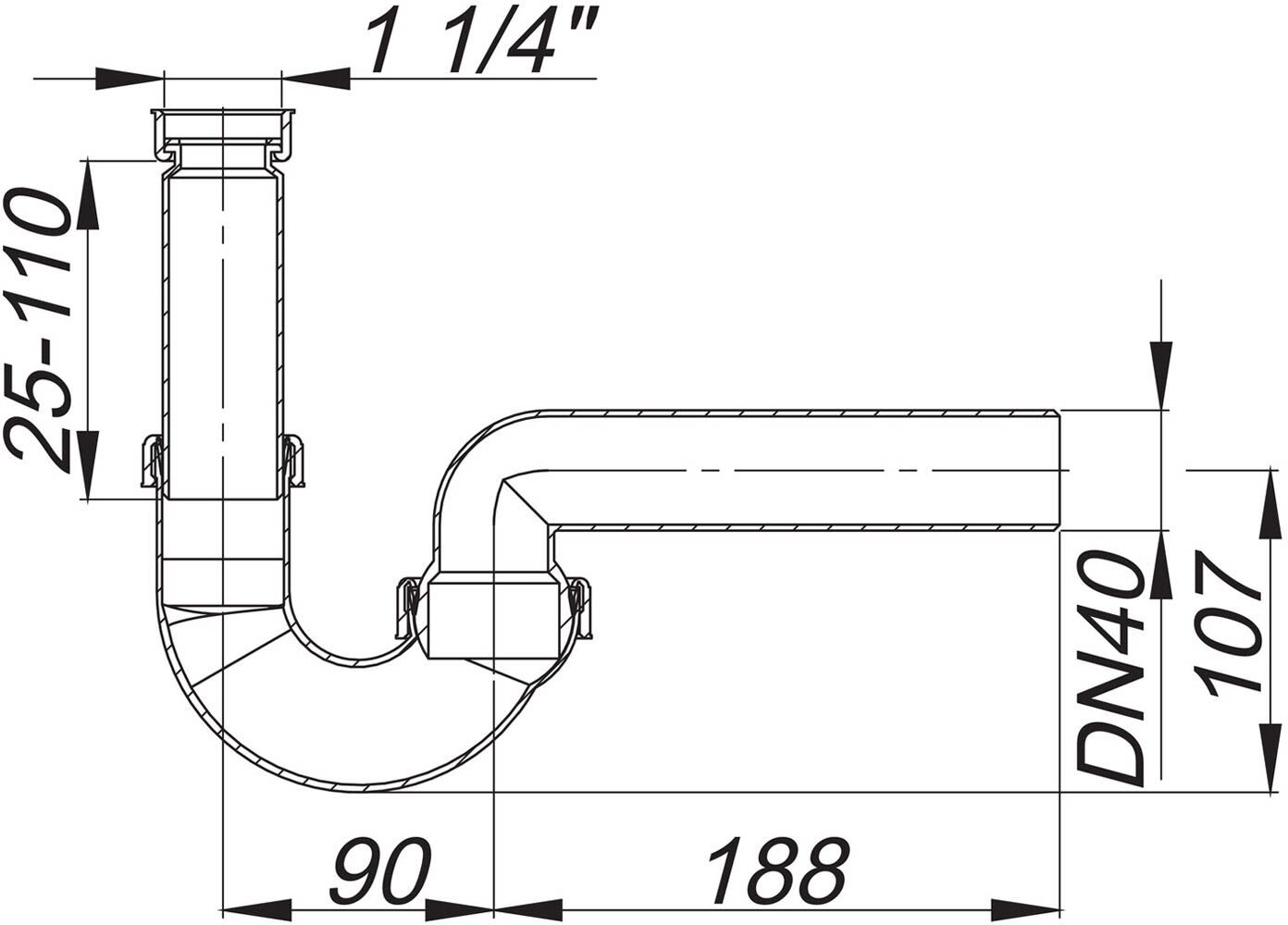 Dallmer Röhren-Siphon 100/0, 1 1/4" x DN 40, Badarmaturen, 010117, - 1¼" x  DN 40