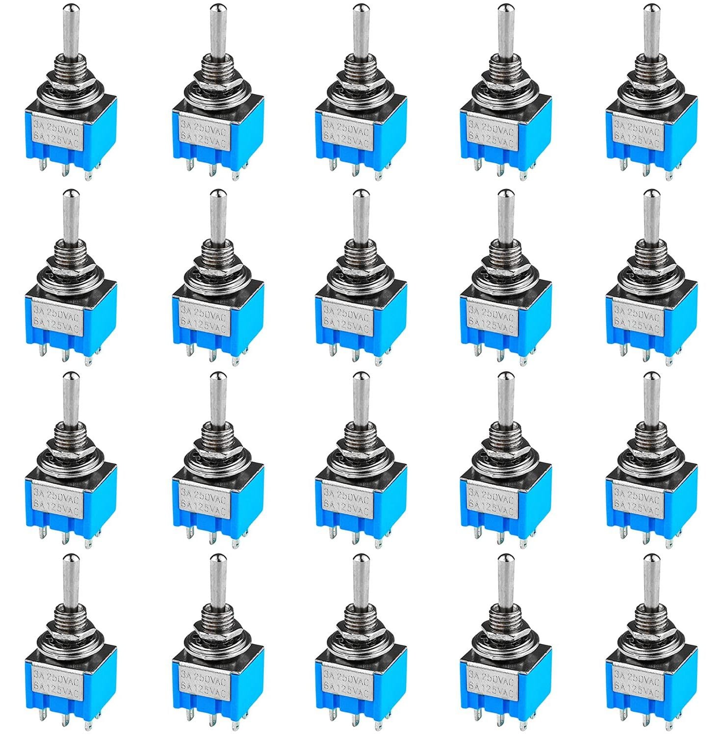 Dripio Miniature tuimelschakelaar, 6 A/125 V, 3 A/250 V, blauw, 20 stuks
