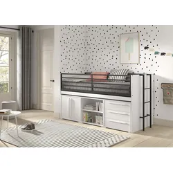 SAM halbhohes Bett mit ausziehbarem Schreibtisch, Regal, Kommode 2-trg., Kommode mit 3 Schubladen, Liegeflächen 90 x 200 cm, Ausf. Weiß Melamin Dekor