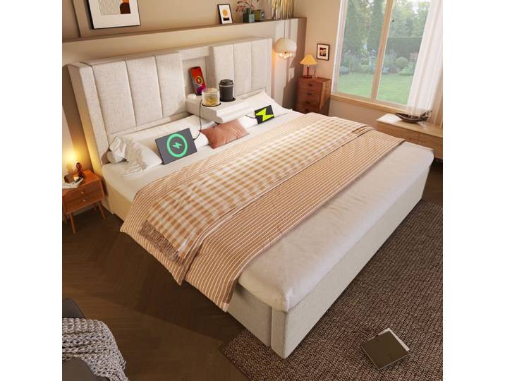Lit double 180x200 cm avec station de charge et rangements Maisentiel