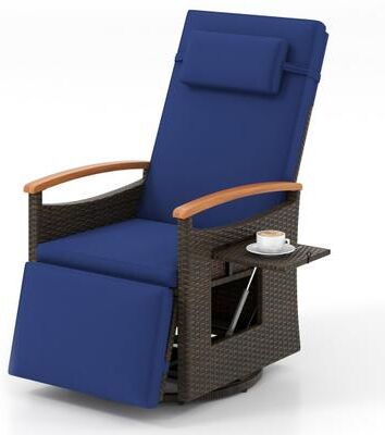 Costway Patio Rattan 360° Swivel Recliner Chair with Adjustable Backrest and Footrest-Navy