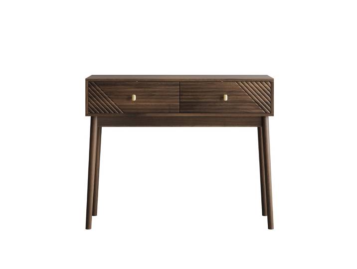 Console coiffeuse vintage avec 2 tiroirs et détails ondulés et dorés