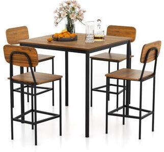 Costway 5 Pieces Industrial Dining Table Set with Counter Height Table and 4 Bar Stools-Walnut