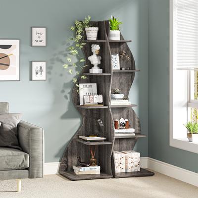 YUZHOU Modern Wood Corner Shelf, 5-Tier Bookshelf Bookcase for Living Room