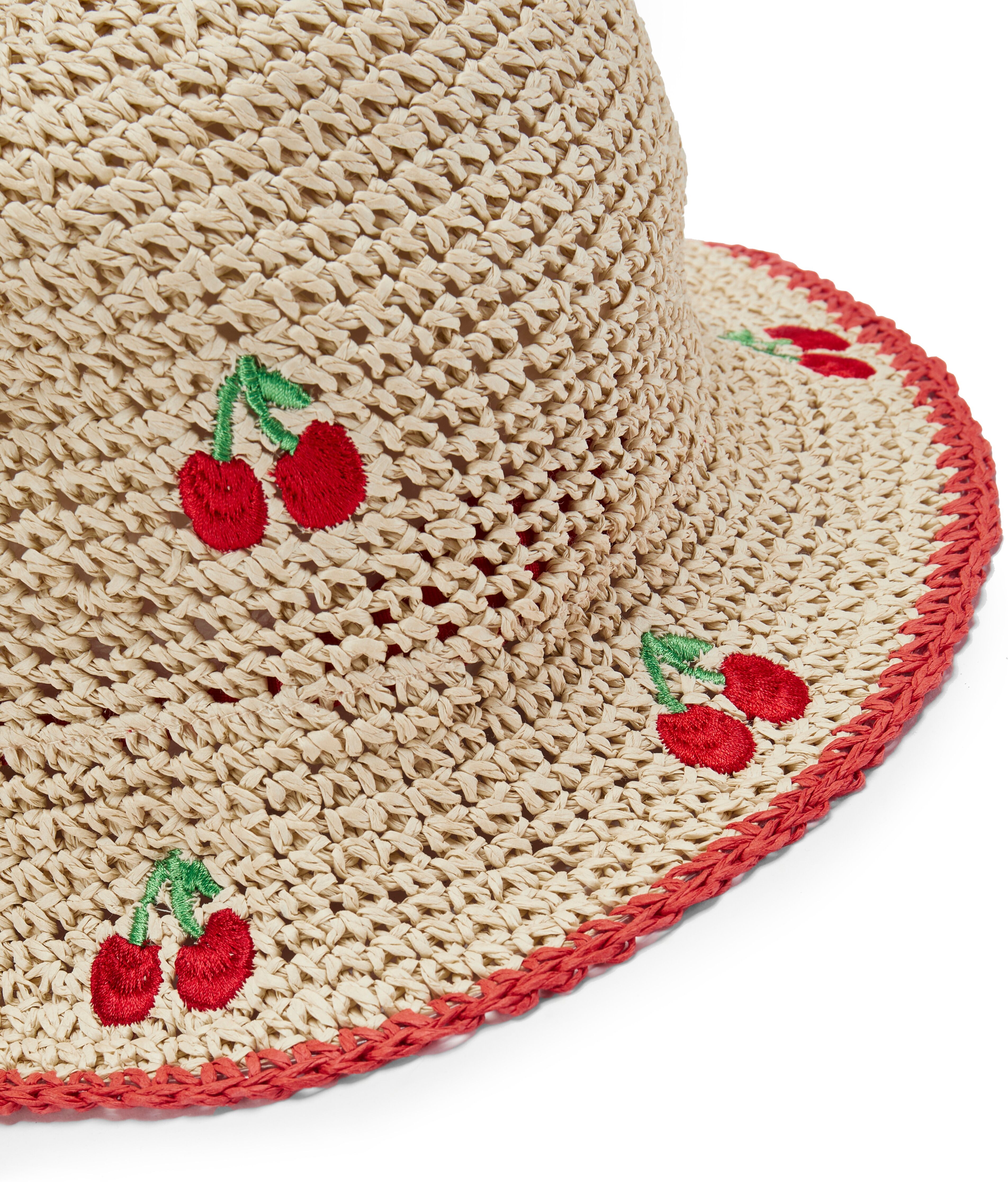 Strohhut LSCN BY LASCANA "Sonnenhut, Sommerhut, Kopfbedeckung, Hut", Damen, beige (beige, rot), Stroh, gemustert, Hüte Strohhut, NEU mit modischer Cherry Stickerei beige, rot Einheitsgröße