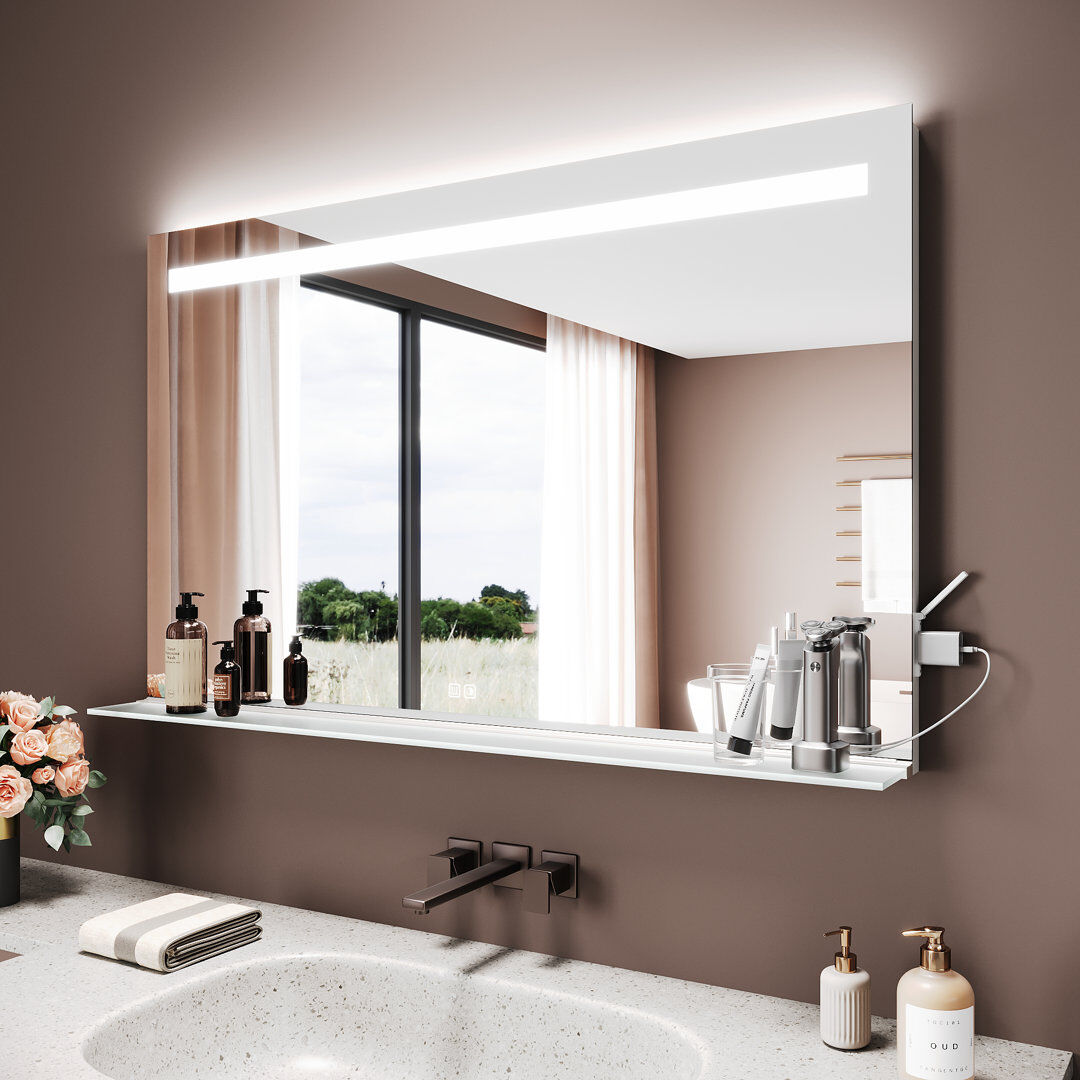 Ivy Bronx Aluminium Rectangle Wall Makeup / Shaving Mirror with Shelves White 85cm x 140cm
